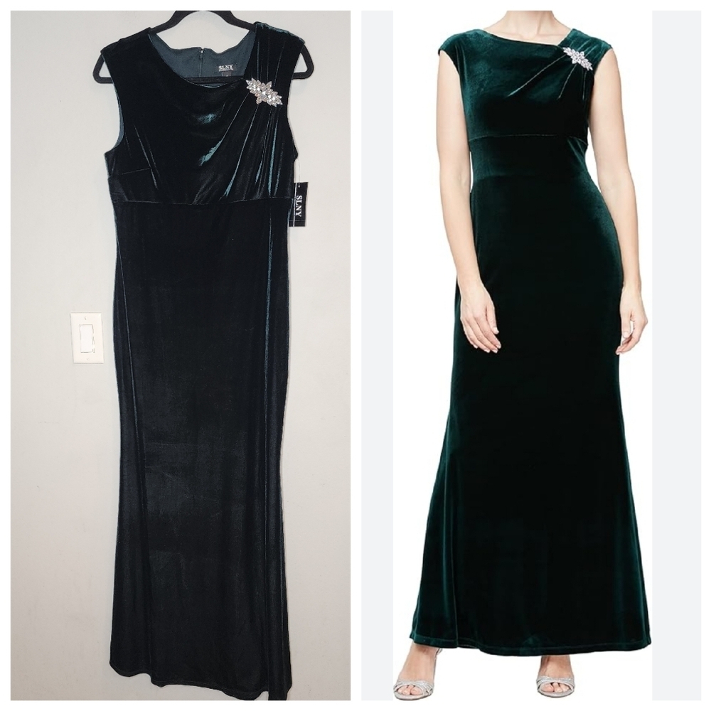 NWT SLNY Green Velvet  Sleeveless Maxi Dress Gown Shoulder Embellishment Size 10